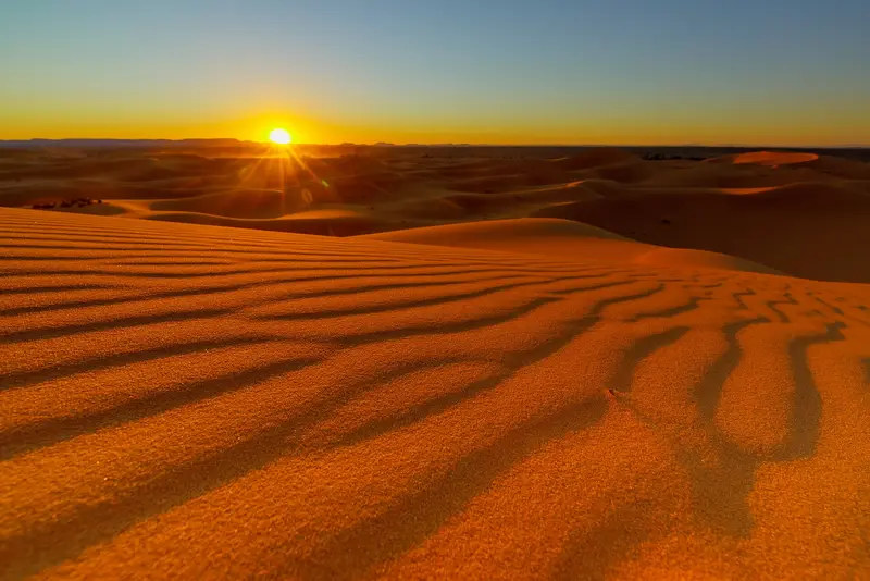 Sunset over the golden sand dunes of Erg Chebbi near Merzouga